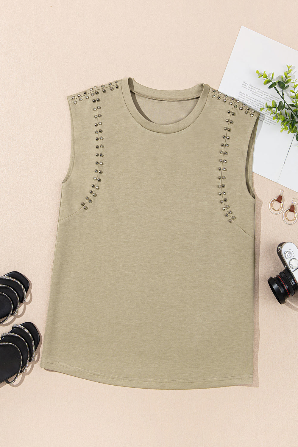 Sage Green Studded Cap Sleeve Round Neck T Shirt