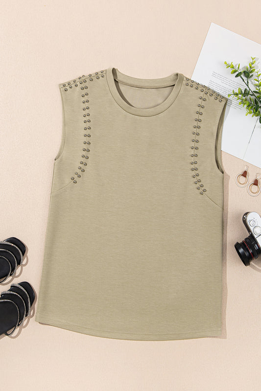 Sage Green Studded Cap Sleeve Round Neck T Shirt