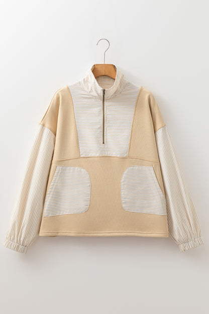Smoke Gray Quarter Zip Striped Patchwork Drop Shoulder Loose Long Sleeve Top