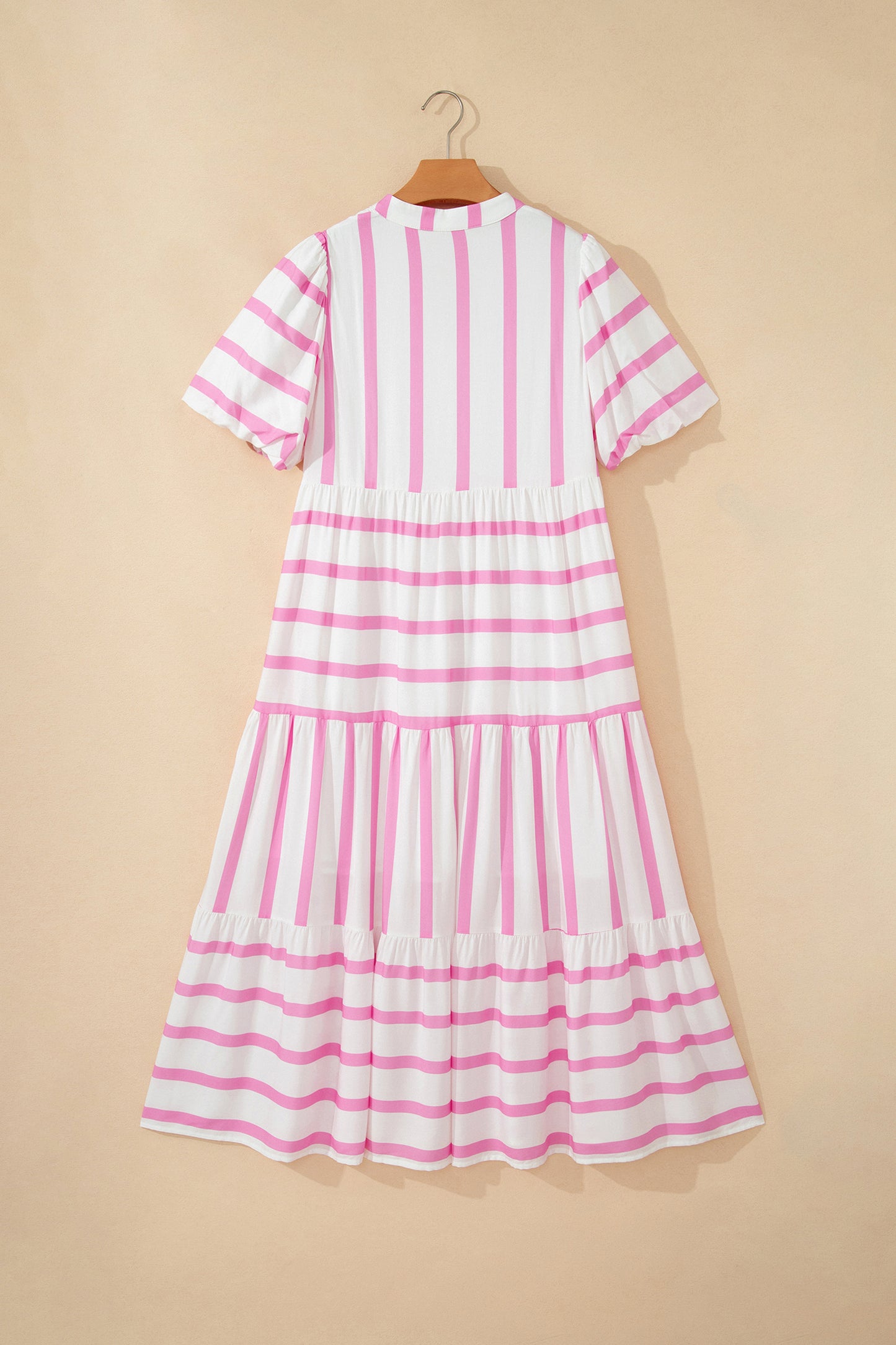 Pink Stripe Ricrac Trim Notched Neck Half Sleeve Vacation Dress