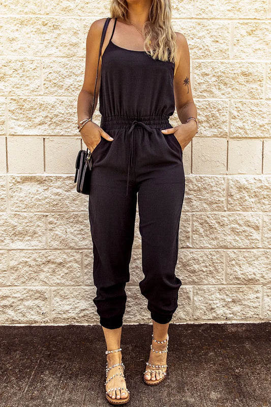 Black Drawstring Waist Spaghetti Straps Jumpsuit - Chic Meadow Boutique 