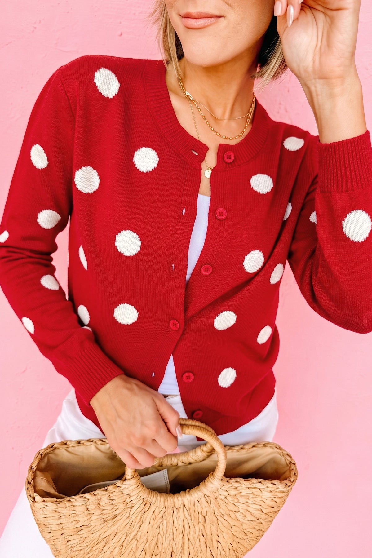 Fiery Red Casual Polka Dot Button Front Long Sleeve Sweater Cardigan