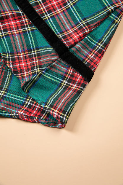 Green Plaid Velvet Trim Pockets Short Shift Dress
