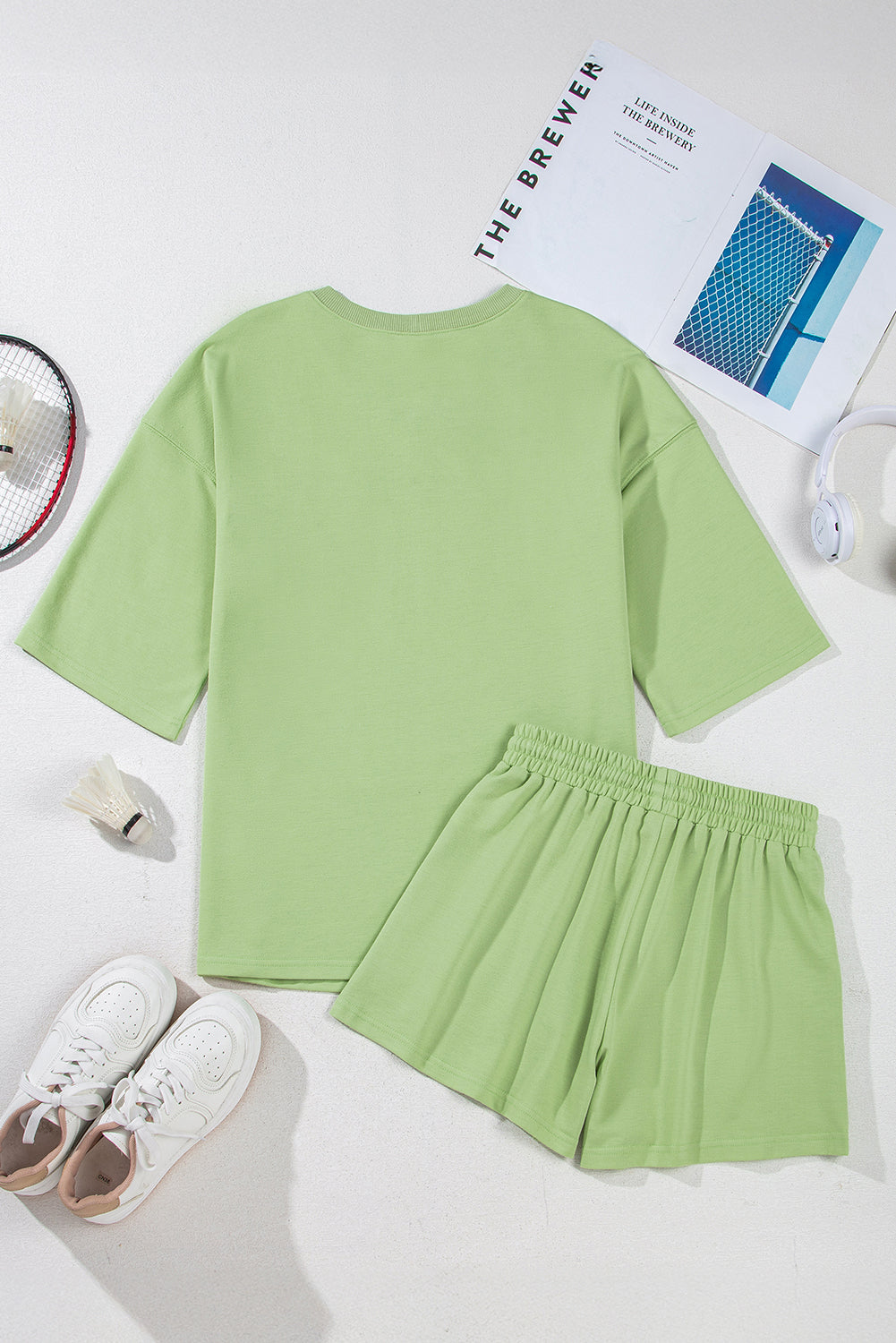 Meadow Mist Green Solid Loose V Neck Half Sleeve Tee and Shorts