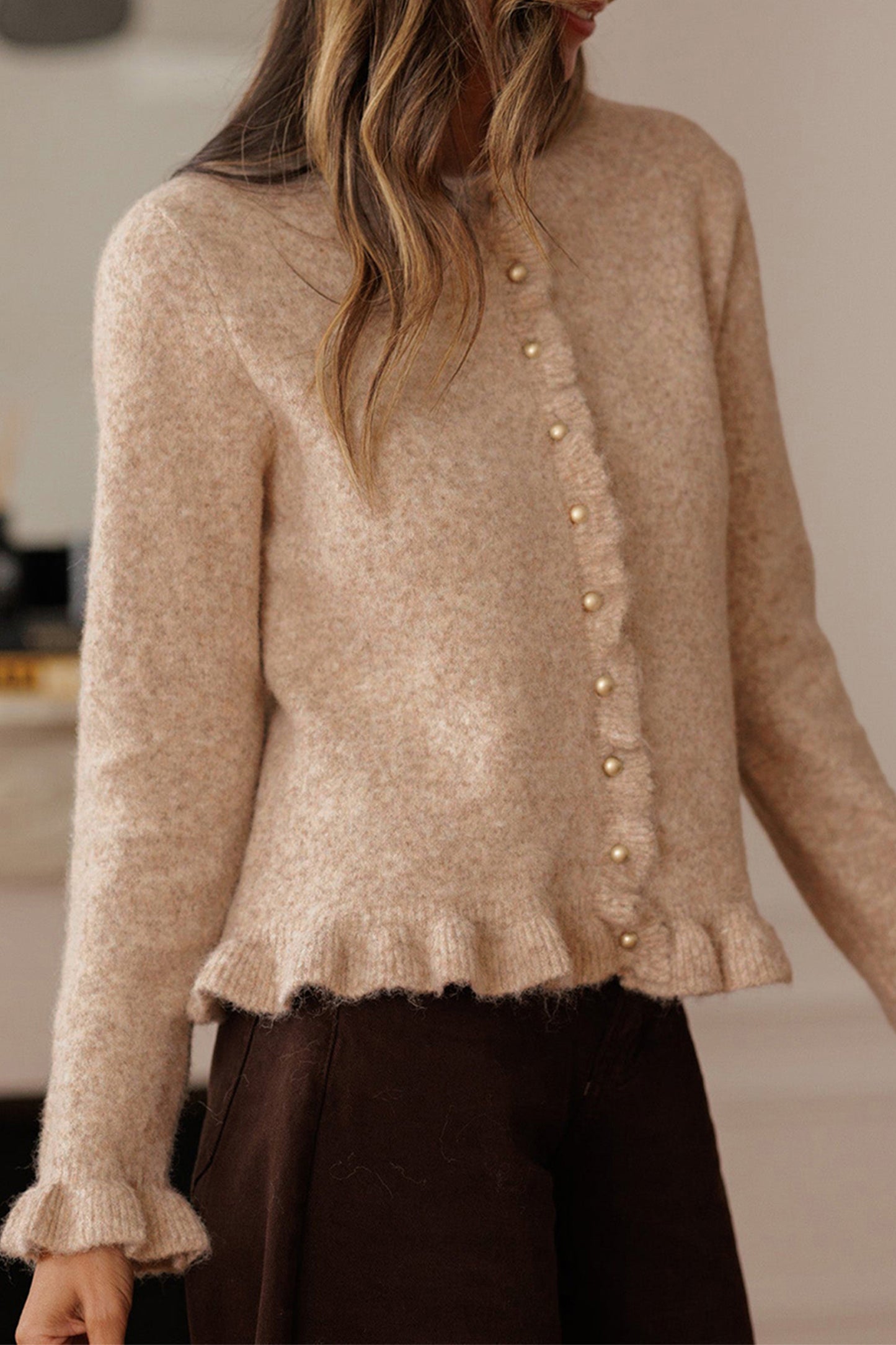 Oatmeal Ruffle Trim Gold Button Sweater Cardigan