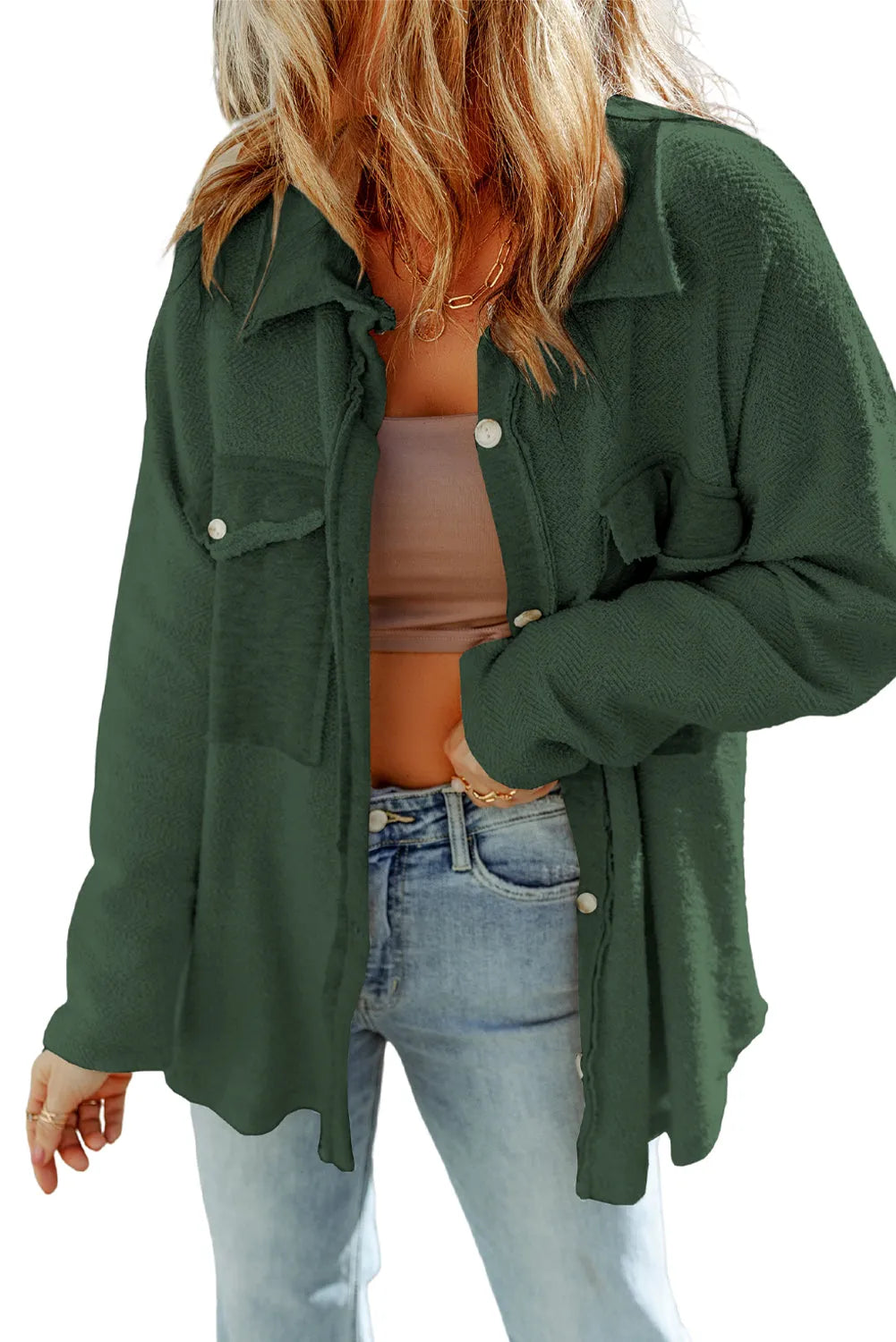 Outerwear/Jackets Green Contrast Flap Pockets Relaxed Shacket