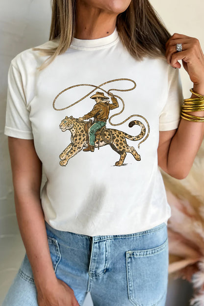White Leopard Rodeo Cowboy Graphic Casual Tee