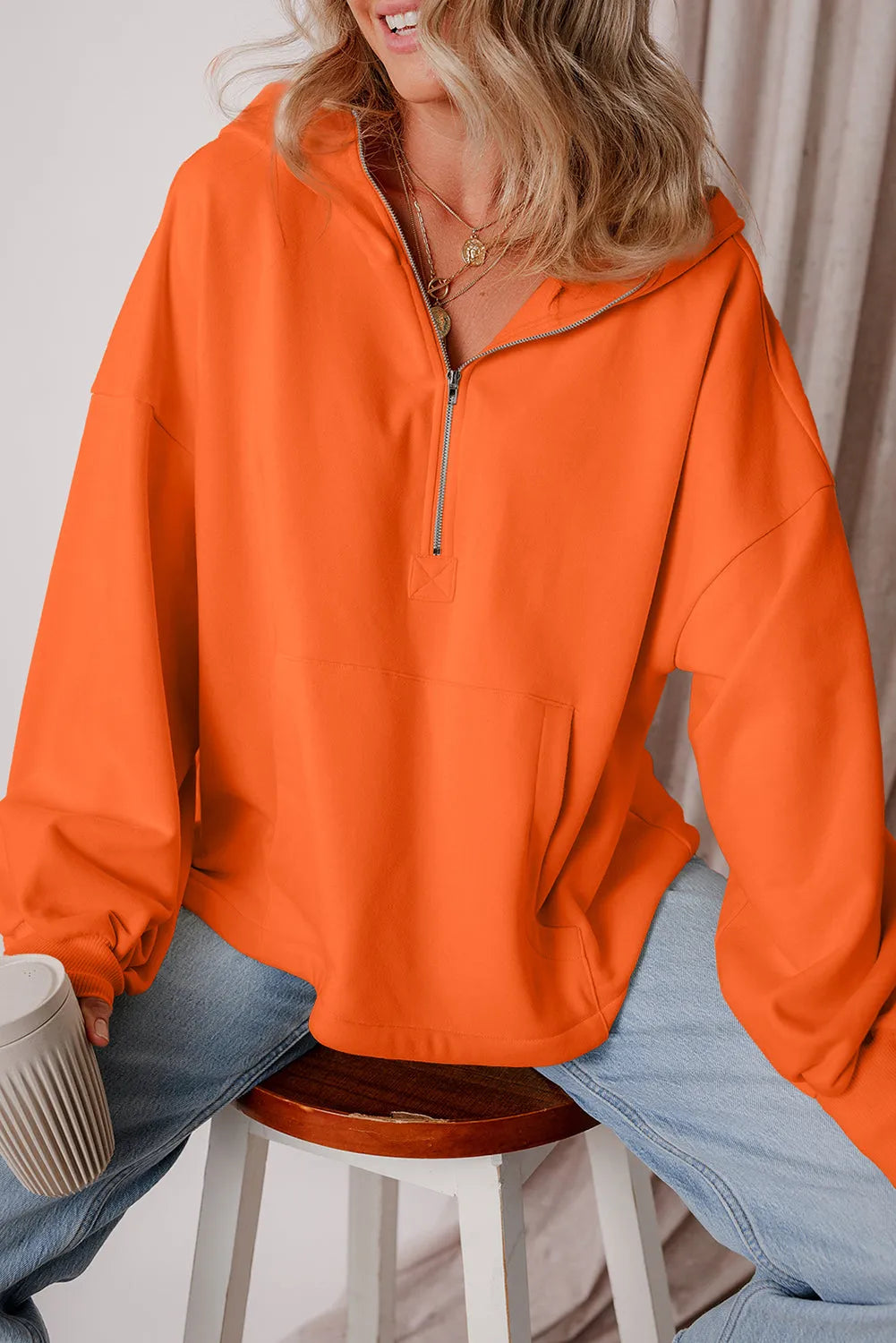 Orange Fleece Lined Half Zipper Kangaroo Pockets Loose Hoodie - Chic Meadow Boutique 