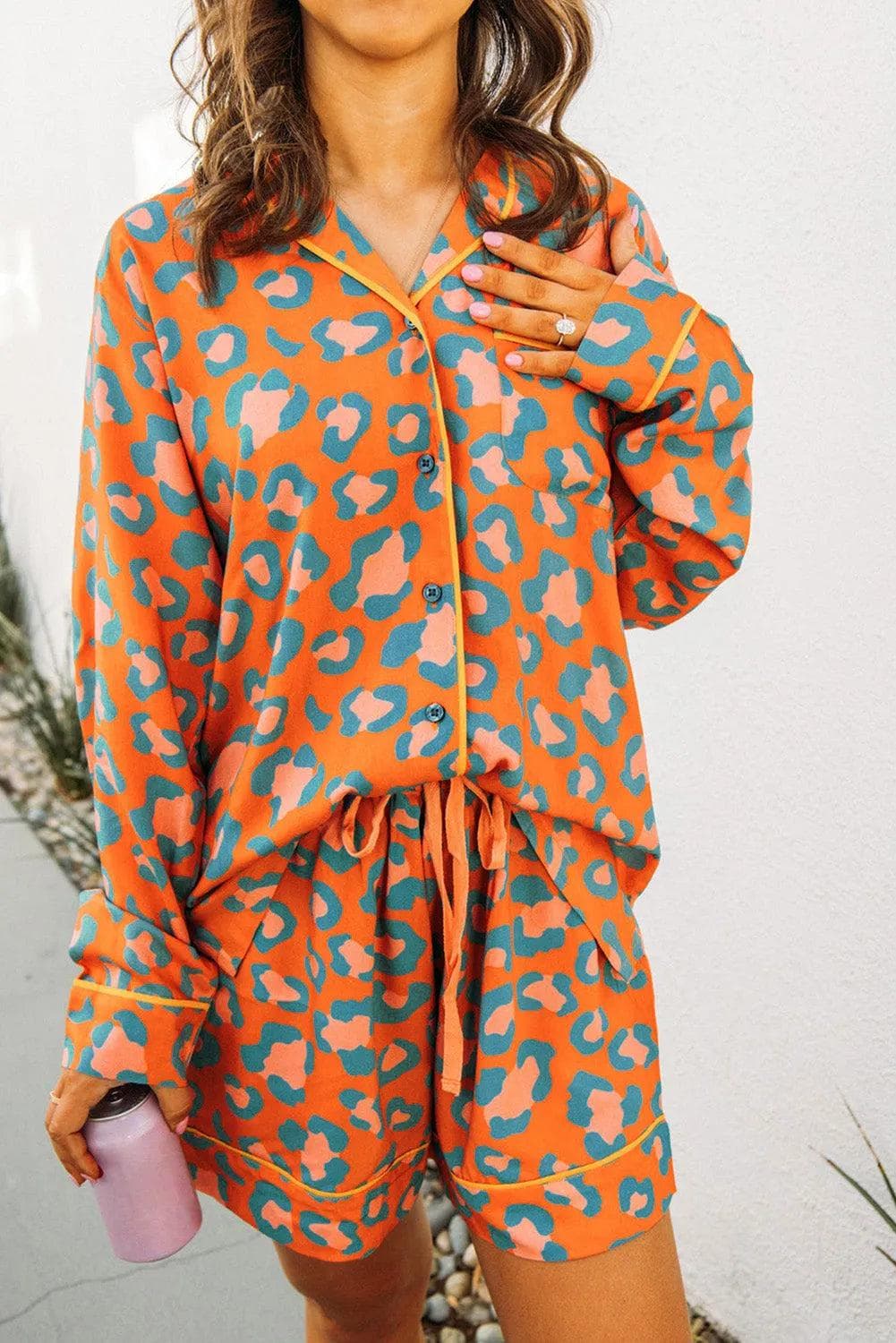 Loungewear & Sleepwear/Sleepwear Orange Leopard Print Long Sleeve Shirt and Shorts Pajama Set