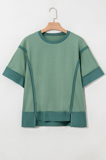 Smoke Green Half Sleeve Raw Seam High Low Side Split Top