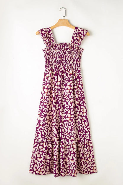 Rose Leopard Ruffle Straps Smocked High Waist Long Dress - Chic Meadow Boutique 