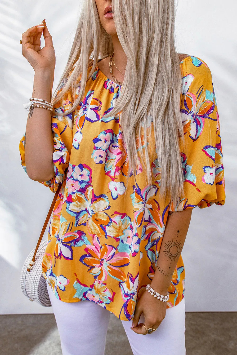 Yellow Floral Print Elastic Neckline Blouse - Chic Meadow Boutique 