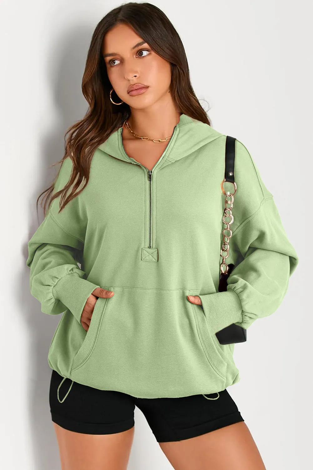 Tops/Sweatshirts & Hoodies Smoke Green Solid Kangaroo Pocket Half Zipper Oversized Hoodie