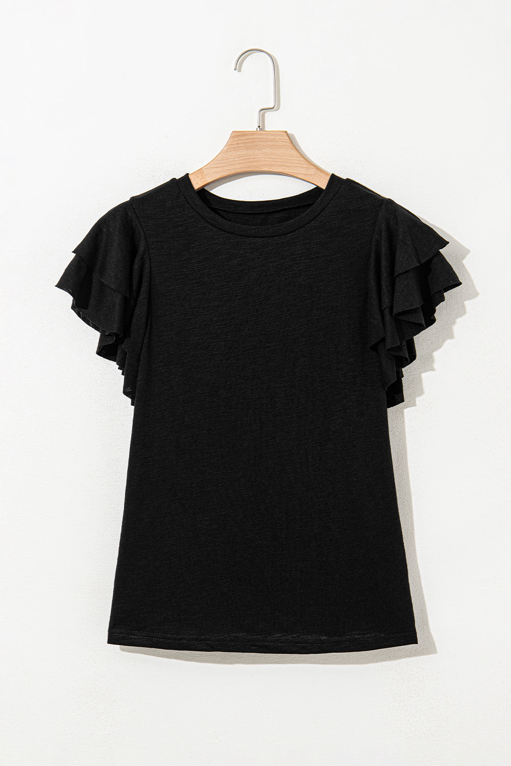 Black Layered Ruffle Short Sleeve Round Neck Top