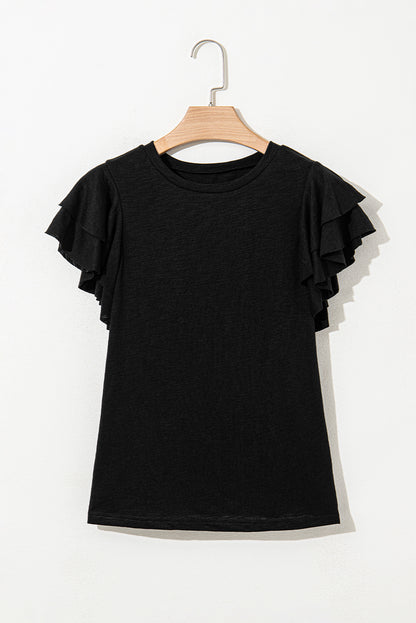Black Layered Ruffle Short Sleeve Round Neck Top