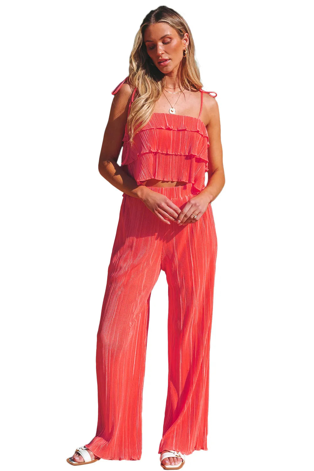 Two Piece Sets/Pant Sets Pale Chestnut Ruffle Tiered Cami Pleated Wide Leg Pants Set