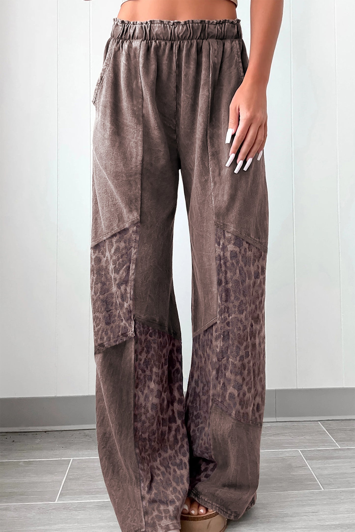 Coffee Mineral Wash Leopard Patchwork Loose Pants