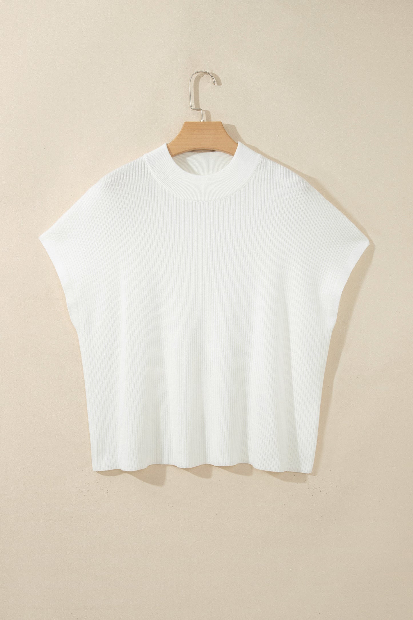 White Solid Color Ribbed Knit Mock Neck Loose Short Sleeve Sweater