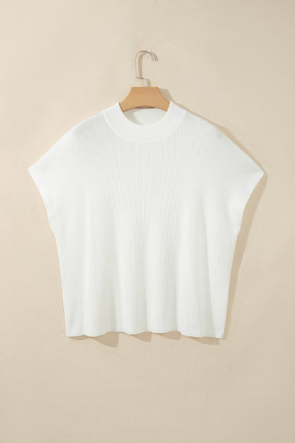 White Solid Color Ribbed Knit Mock Neck Loose Short Sleeve Sweater