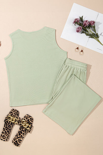 Smoke Green Textured Tank Top and Drawstring High Waist Pants Set