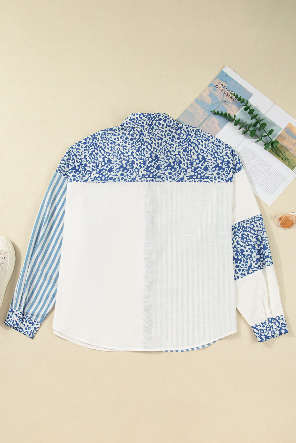 Sky Blue Leopard Striped Patchwork Casual Plus Shirt