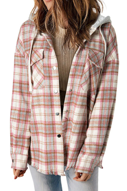 Multicolour Plaid Flap Pocket Hooded Raw Hem Jacket - Chic Meadow Boutique 