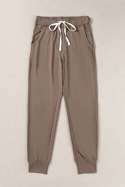 Dark Brown Drawstring Waist Pocketed Joggers - Chic Meadow Boutique 