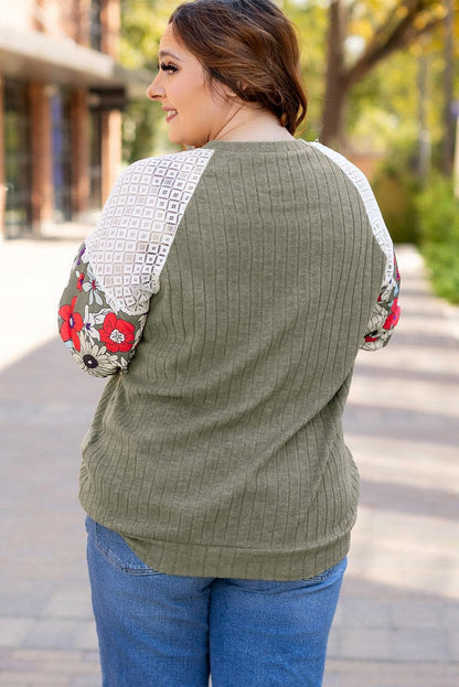 Plus Size/Plus Size Tops/Plus Size Blouses & Shirts Vineyard Green Plus Size Textured Floral Patchwork Raglan Sleeve Blouse