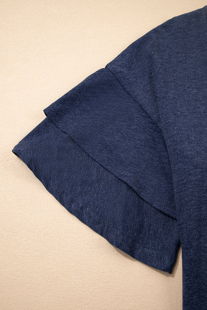 Sail Blue Solid Colour V-Neck Double Layer Sleeve Loose T-Shirt