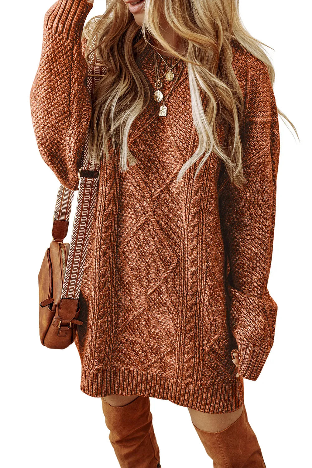 Coffee Cable Knit Drop Shoulder Loose Fit Sweater Dress - Chic Meadow Boutique 