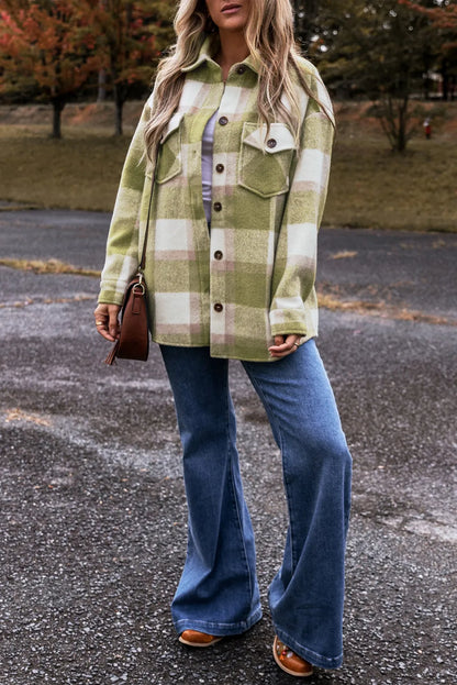 Sage Green Plaid Print Buttoned Flap Pockets Baggy Shacket - Chic Meadow Boutique 