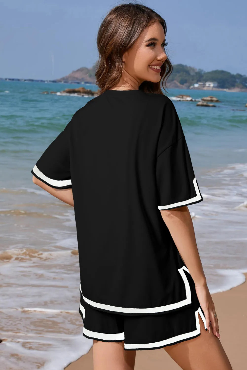 Black Contrast Trim Tee and Shorts Set - Chic Meadow Boutique 