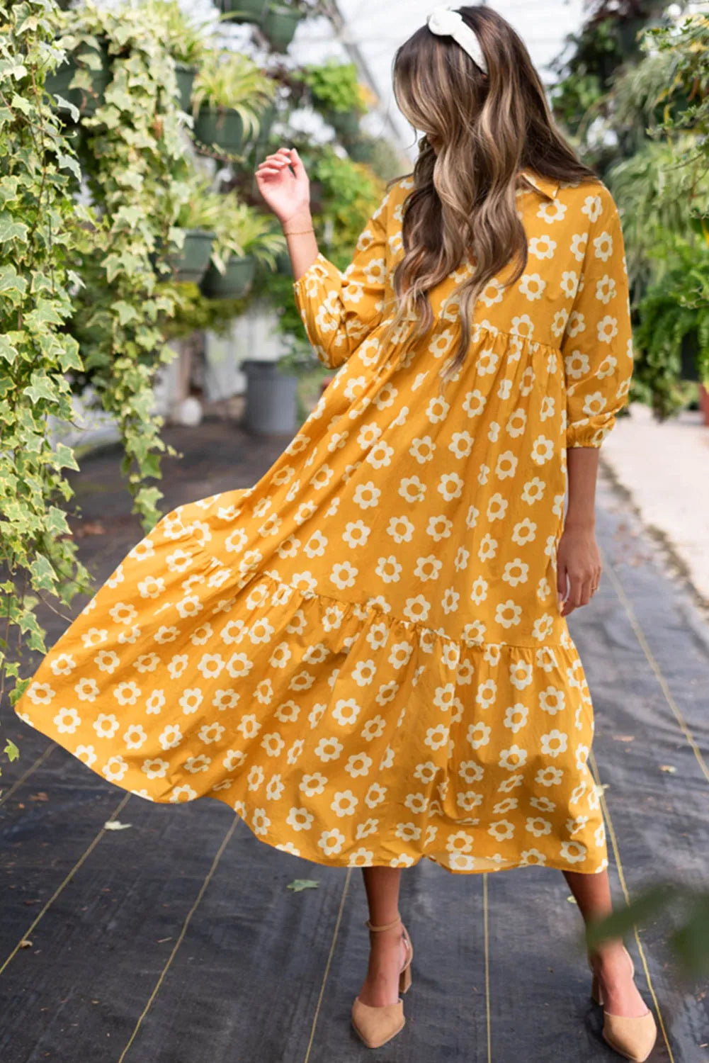 Yellow Flower Print Bracelet Sleeve Buttons Collared Maxi Dress - Chic Meadow Boutique 