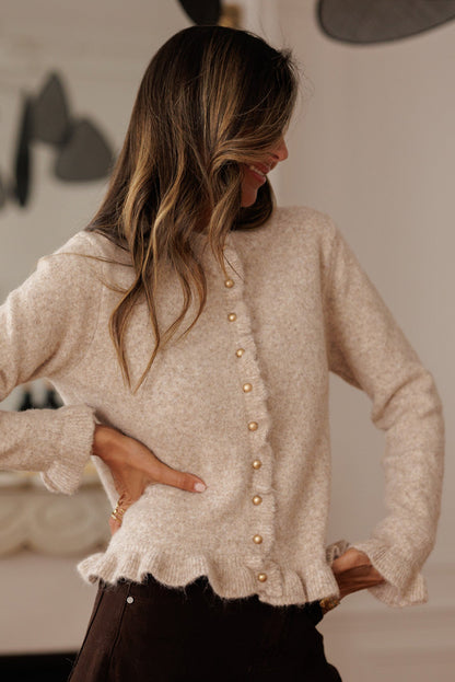 Oatmeal Ruffle Trim Gold Button Sweater Cardigan