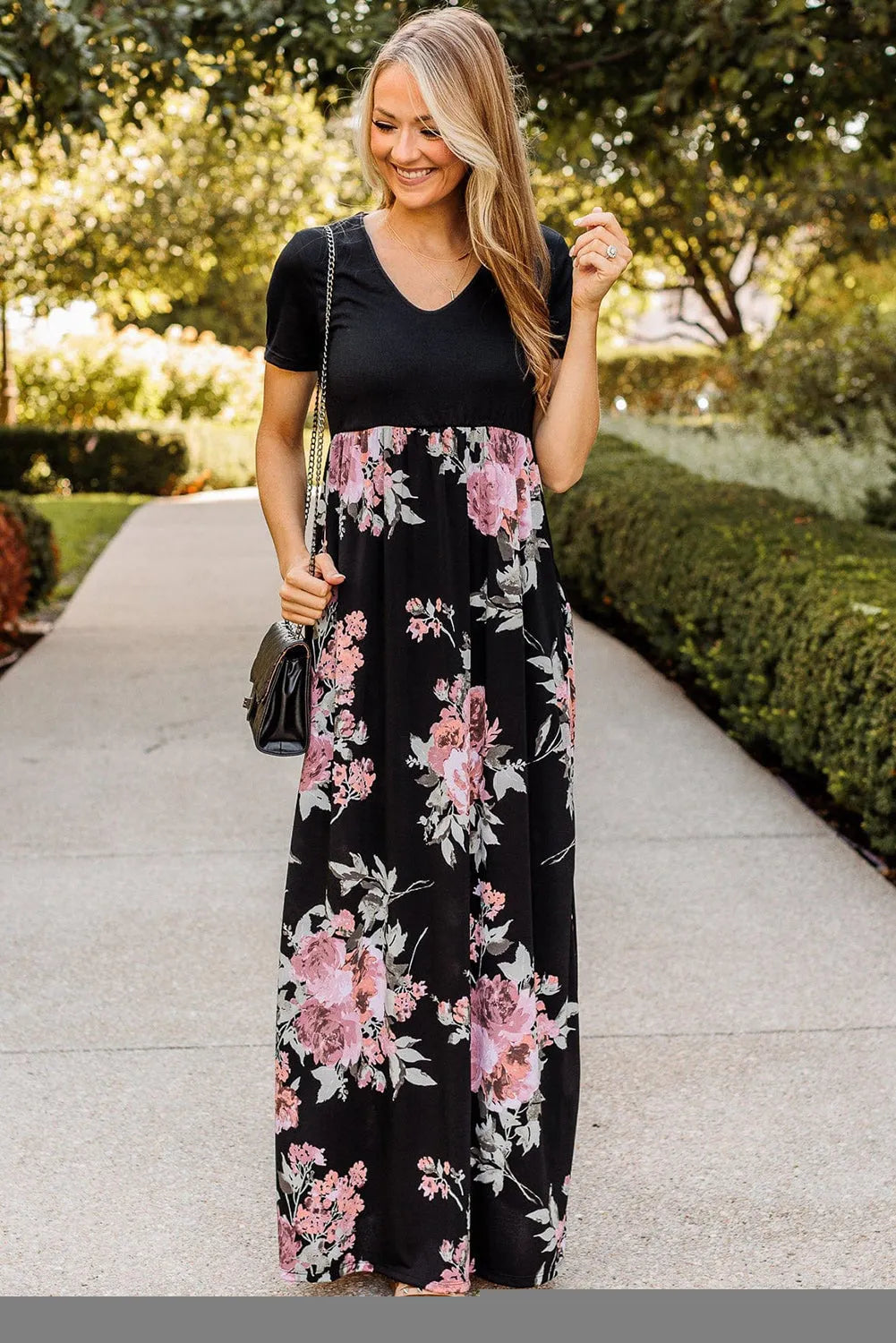 Black Contrast Floral Empire Waist Maxi Dress - Chic Meadow Boutique 