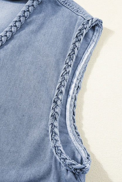 Ashleigh Blue Braided Trim Pocketed Denim Vest - Chic Meadow Boutique 