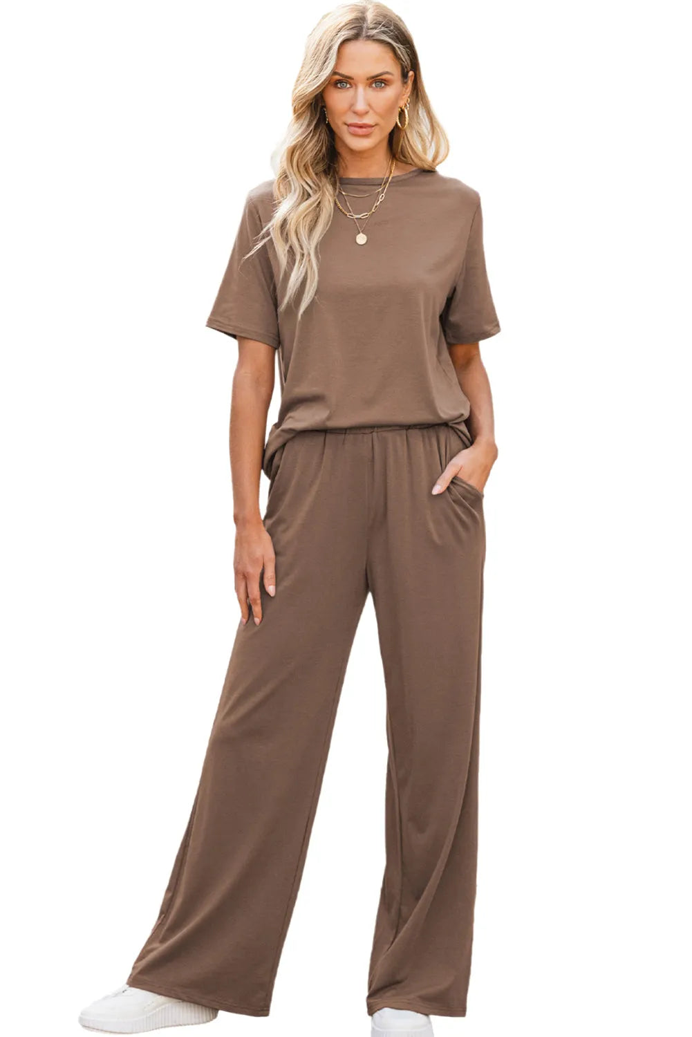 Smoke Gray Solid Color T Shirt 2pcs Wide Leg Pants Set - Chic Meadow Boutique 