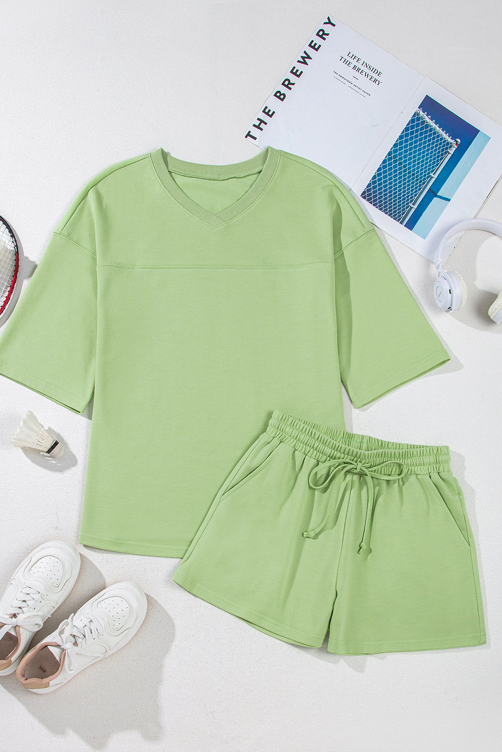 Meadow Mist Green Solid Loose V Neck Half Sleeve Tee and Shorts
