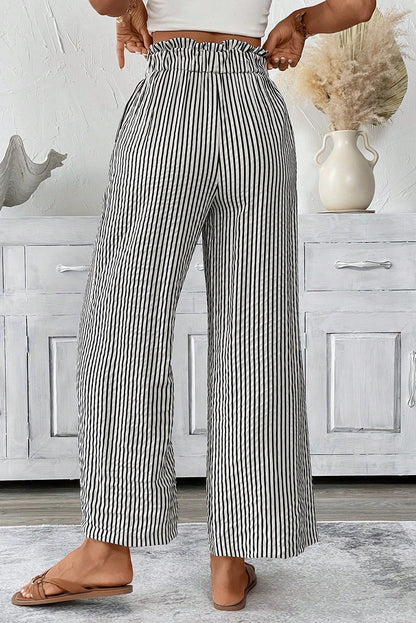 Black Stripe Tied High Waist Loose Straight Casual Pants