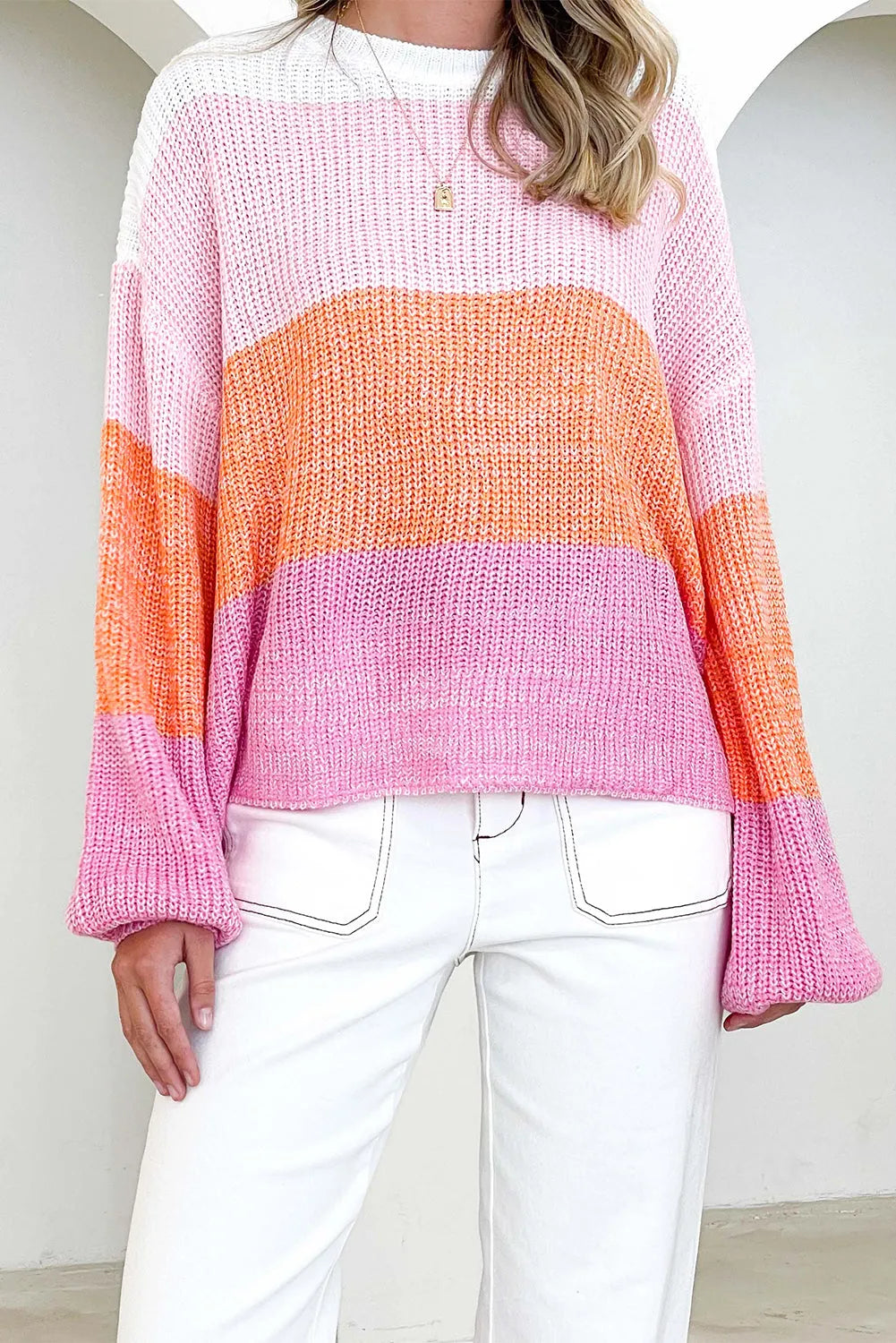 Pink Colorblock Drop Shoulder Pullover Loose Sweater - Chic Meadow Boutique 