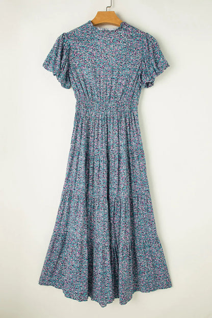 Blue Printed V Neck Shirred Short Puff Sleeve Maxi Dress - Chic Meadow Boutique 