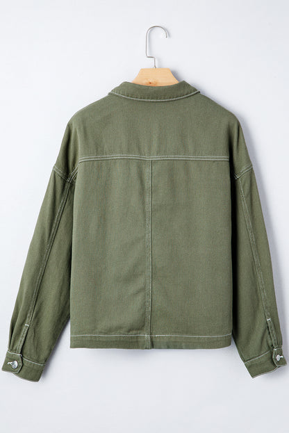 Smoke Green Patched Pocket Collared Button Front Boyfriend Denim Jacket