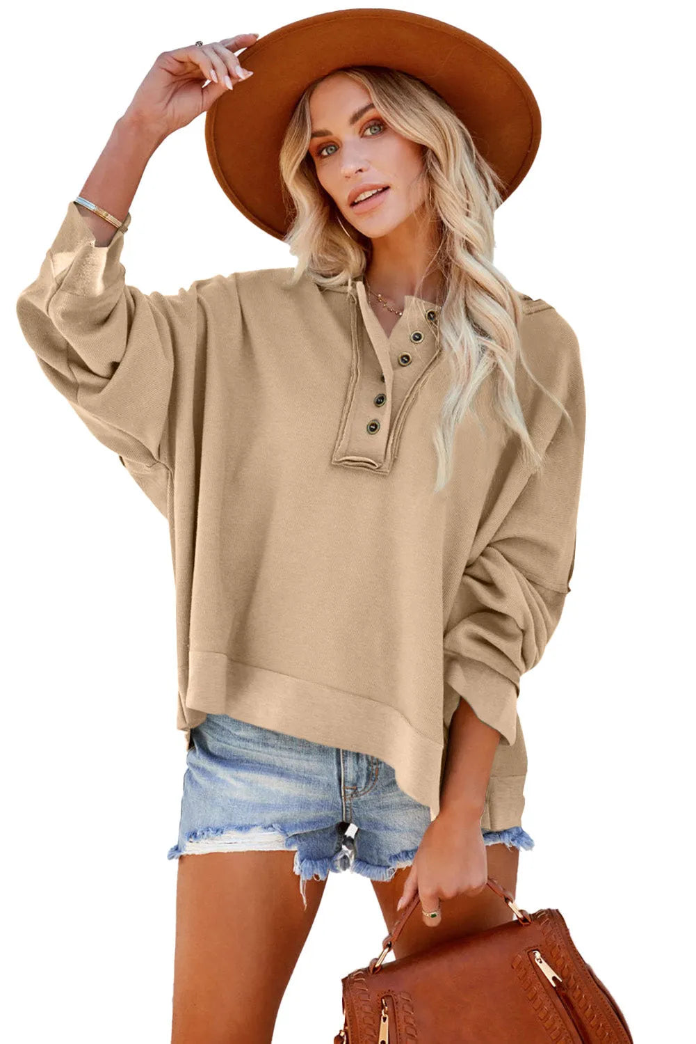 Khaki Casual Button Solid Patchwork Trim Hoodie - Chic Meadow Boutique 