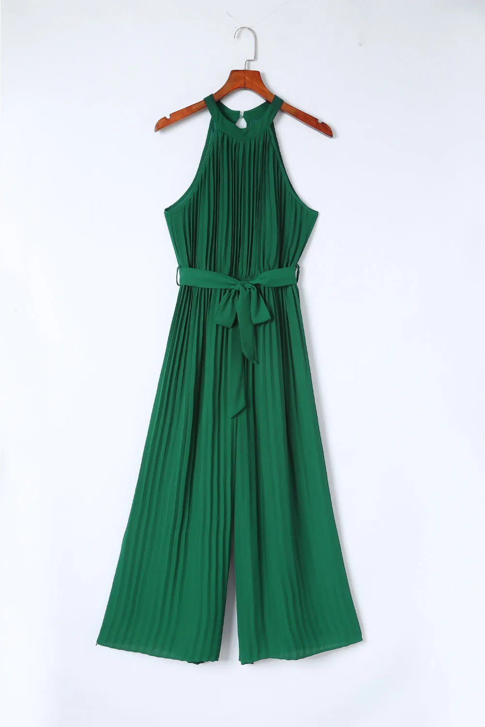 Green Halter Neck Pleated Wide Leg Jumpsuit with Belt - Chic Meadow Boutique 