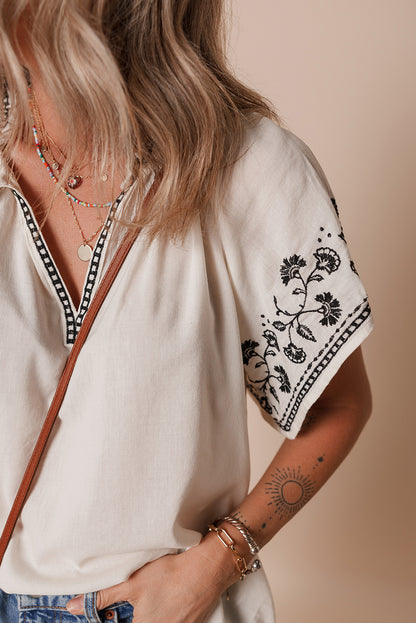 White Floral Embroidered Short Sleeve V Neck Blouse