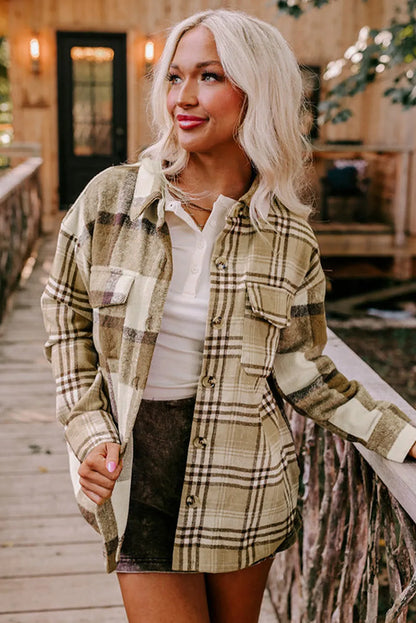 Parchment Contrast Plaid Patchwork Flap Pocket Shacket - Chic Meadow Boutique 