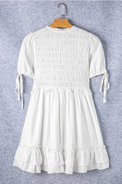 White Tie Short Sleeves Smocked Ruffle Mini Dress - Chic Meadow Boutique 