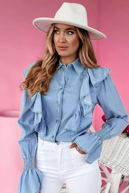 Tops/Blouses & Shirts Myosotis Ruffled Shirred Cuffs Button up Chambray Shirt