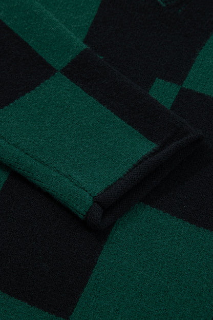 Green Checked Notched Neckline Drop Shoulder Knit Sweater