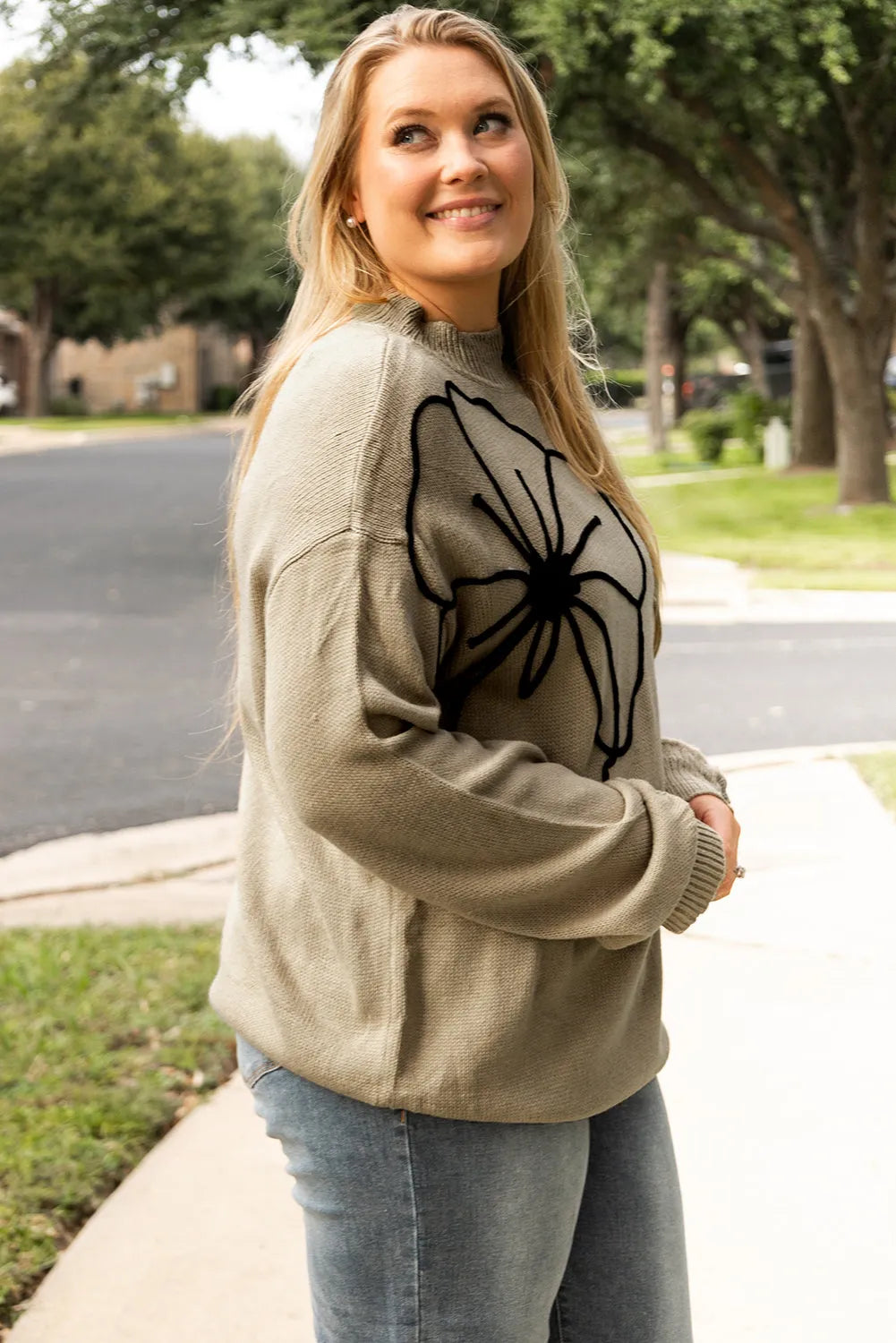 Dark Khaki Plus Size Big Flower Pattern High Neck Drop Shoulder Sweater - Chic Meadow Boutique 